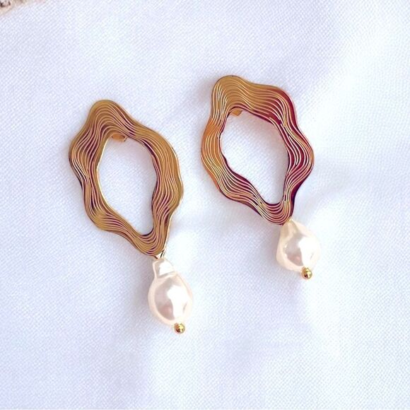 Gold Hoop Faux Pearl Drop Earrings - Picture 1 of 2